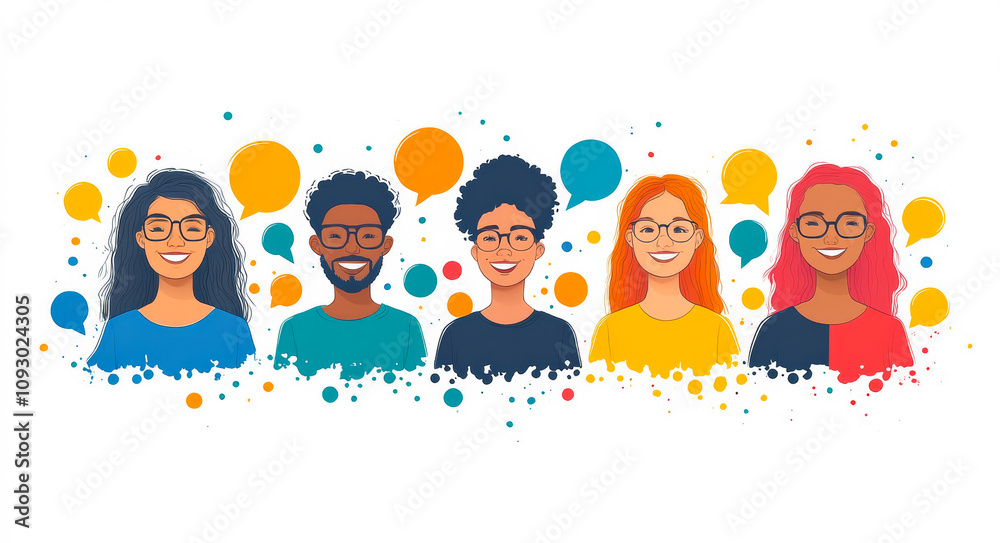 A group of people with different colored hair and glasses are smiling. Concept of unity and positivity A group of people with different colored hair and glasses are smiling. Concept of unity and positivity