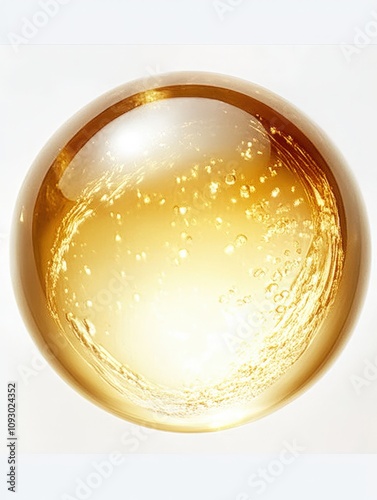 A close-up of a sparkling, golden liquid in a spherical shape, reflecting light and showcasing bubbles, perfect for advertising beverages, skincare, or abstract art,