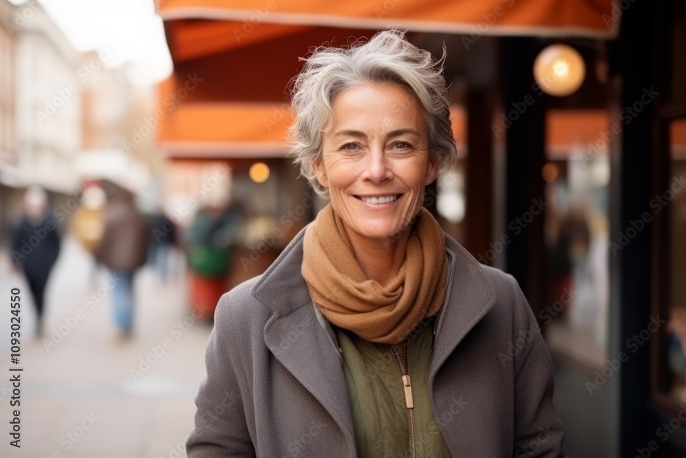 Portrait of a happy senior woman on a shopping street in autumn Portrait of a happy senior woman on a shopping street in autumn