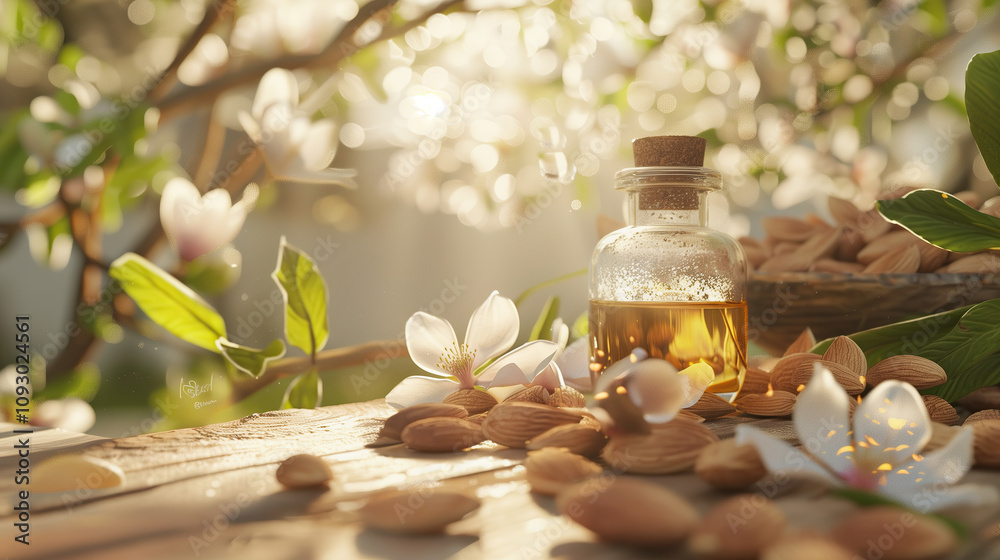 Almond Oil Extract in Glass Bottle Surrounded by Fresh Almonds and Set in a Tranquil Sunlit Garden Almond Oil Extract in Glass Bottle Surrounded by Fresh Almonds and Set in a Tranquil Sunlit Garden