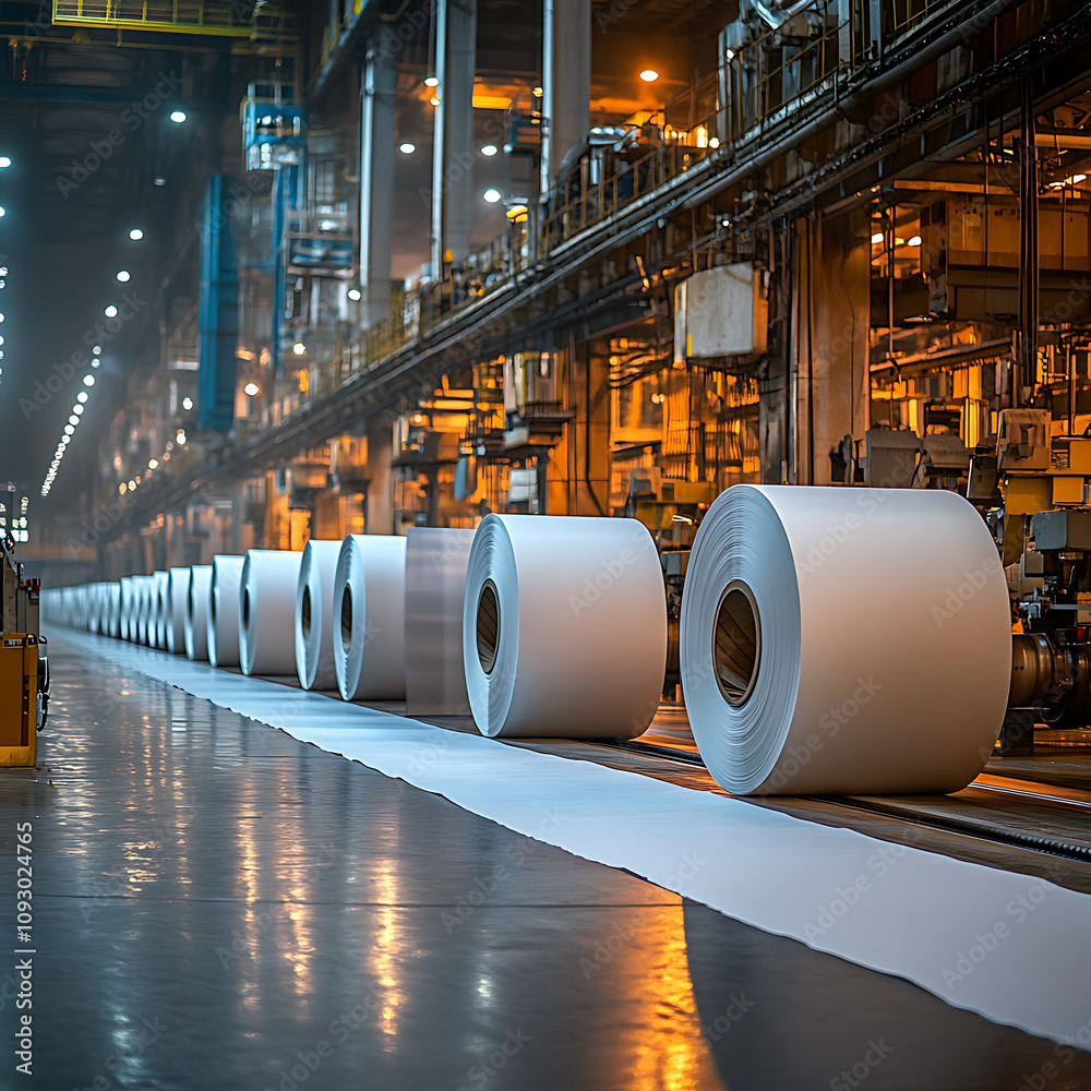 Large rolls of paper being produced in paper mill, showcasing industrial process and machinery involved in manufacturing. scene is illuminated by bright lights, creating vibrant atmosphere Large rolls of paper being produced in paper mill, showcasing industrial process and machinery involved in manufacturing. scene is illuminated by bright lights, creating vibrant atmosphere