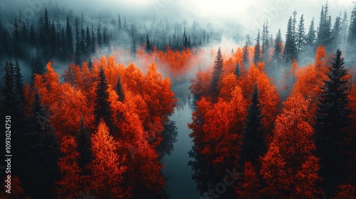 Aerial View of a Fiery Autumn Forest with Vibrant Red and Orange Foliage Surrounded by Misty Fog and a Calm River