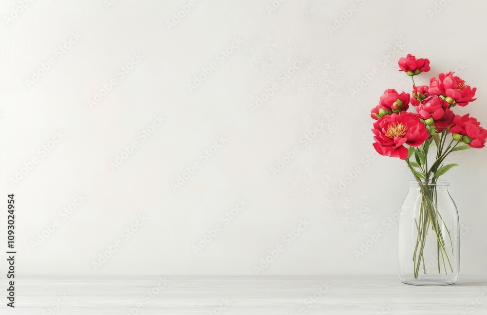 Bright peonies in a clear vase on a minimalistic white table against a light background Bright peonies in a clear vase on a minimalistic white table against a light background