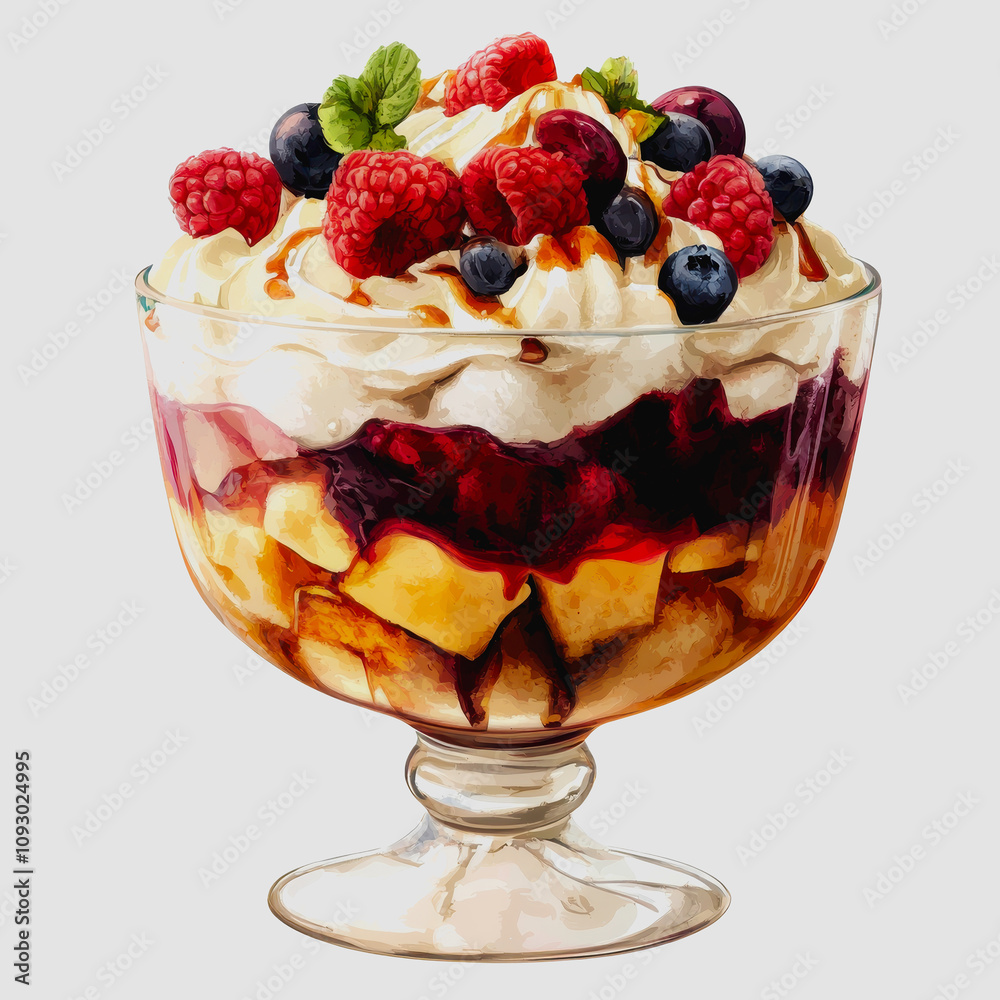 Colorful and Delicious Layered Dessert with Fresh Berries, Cream, and Sauce in a Clear Glass Bowl, Perfect for Summer Occasions and Celebrations Colorful and Delicious Layered Dessert with Fresh Berries, Cream, and Sauce in a Clear Glass Bowl, Perfect for Summer Occasions and Celebrations