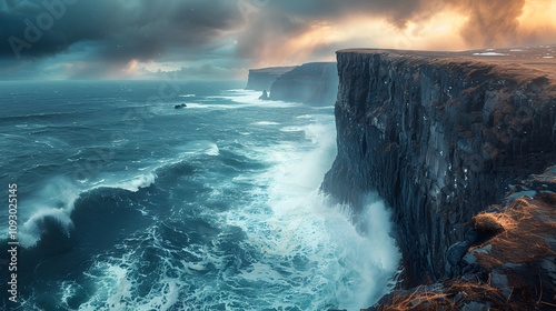 The photo highlights the rugged coastline with crashing waves against dramatic cliffs, Photography, National Geographic Style, spectacular backdrops, vivid visuals, an awe-inspiring collection, photor photo