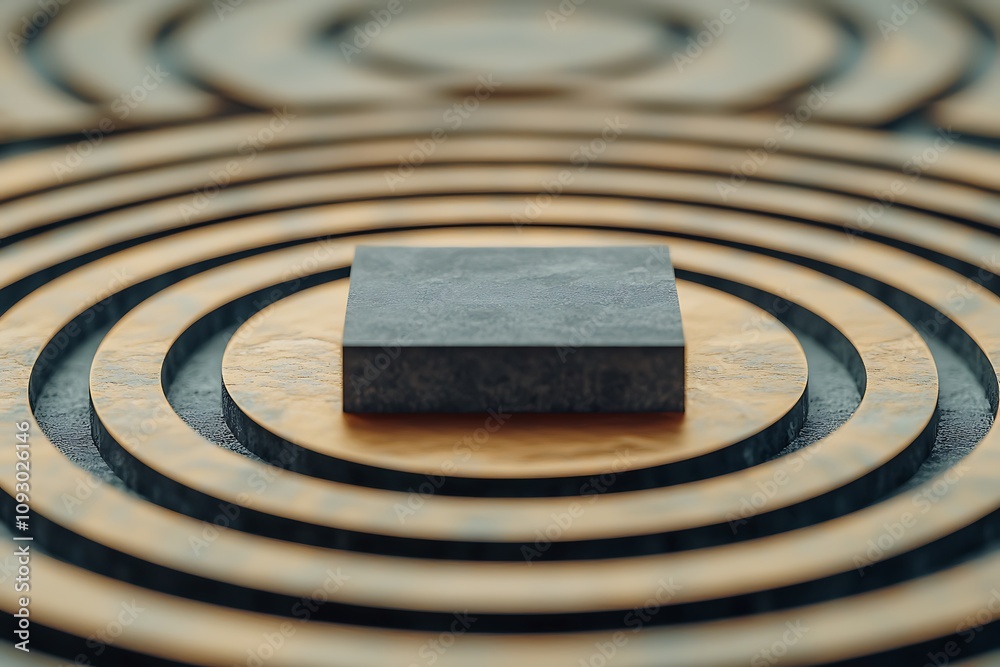 A centered square sits atop concentric circular patterns, creating a visually striking contrast of shapes and textures.