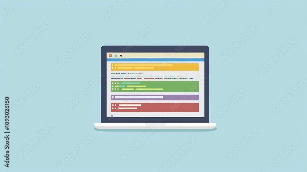 Flat design depicting an online coding class with a laptop screen displaying colorful programming code representing technology education and software development Flat design depicting an online coding class with a laptop screen displaying colorful programming code representing technology education and software development