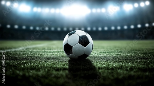 A soccer ball is on a field in front of a stadium