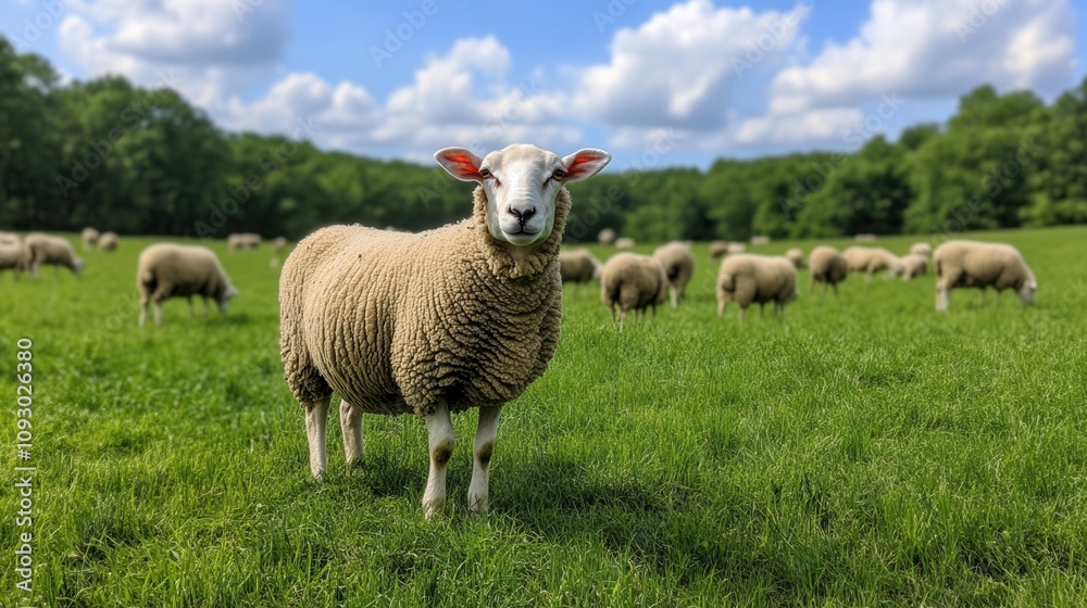A sheep stands in a green field surrounded by other sheep under a bright blue sky with fluffy clouds. A sheep stands in a green field surrounded by other sheep under a bright blue sky with fluffy clouds.