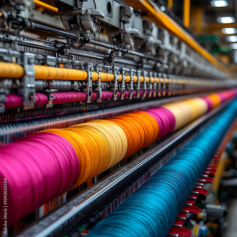 Modern textile weaving machines producing vibrant fabric in factory setting, showcasing colorful threads in dynamic arrangement. intricate process highlights beauty of textile production Modern textile weaving machines producing vibrant fabric in factory setting, showcasing colorful threads in dynamic arrangement. intricate process highlights beauty of textile production