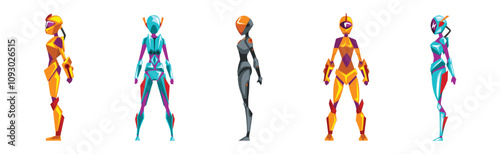 Robot Woman Stand in Costume with Slim Body Vector Set