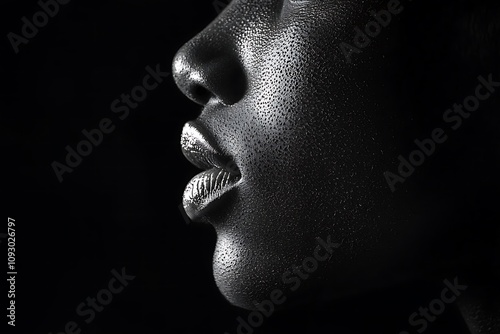 A close-up portrait emphasizes a textured, shimmering face against a dark background, showcasing beauty and artistry in monochrome.