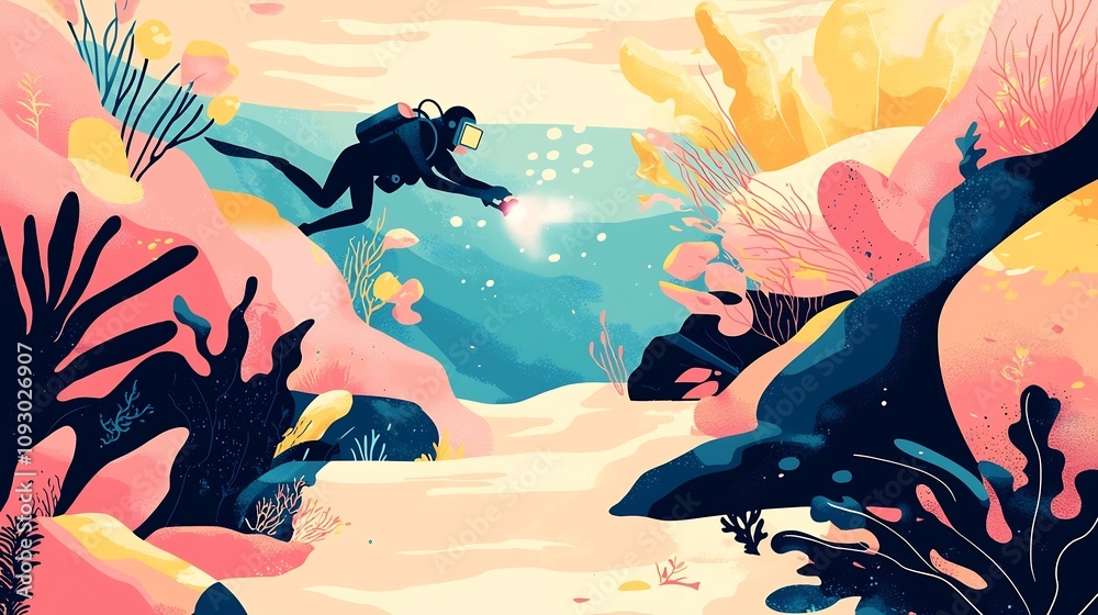 Flat Design of a Diver Welding a Gas Pipeline Underwater with Minimalistic Shapes and Vibrant Colors Depicting the Marine Environment and Ecosystem Flat Design of a Diver Welding a Gas Pipeline Underwater with Minimalistic Shapes and Vibrant Colors Depicting the Marine Environment and Ecosystem