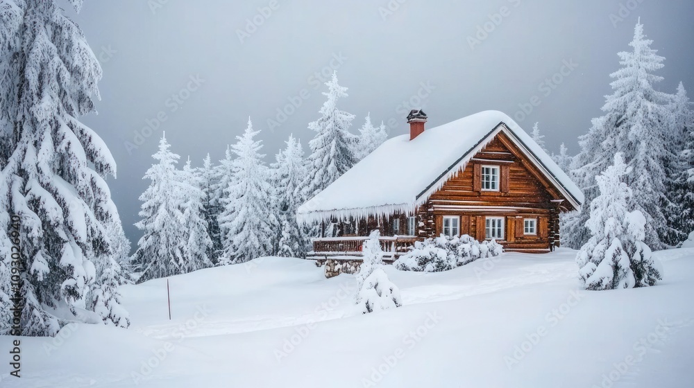 Snowy Cabin nestled amongst snow covered pine trees Snowy Cabin nestled amongst snow covered pine trees