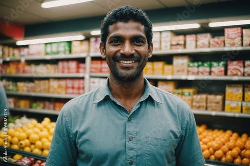 Close portrait of a smiling 40s Sri Lankan male grocer standing and looking at the camera, Sri Lankan grocery store blurred background