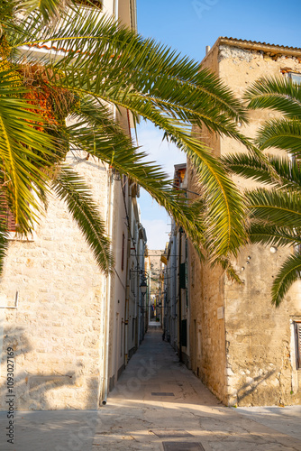 Vászonkép Narrow old stone street in the town of Pag on the island of Pag, Croatia