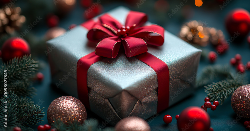 A silver box with a red ribbon sits on a table with Christmas decorations. The box is the main focus of the image, and the decorations around it create a festive atmosphere A silver box with a red ribbon sits on a table with Christmas decorations. The box is the main focus of the image, and the decorations around it create a festive atmosphere