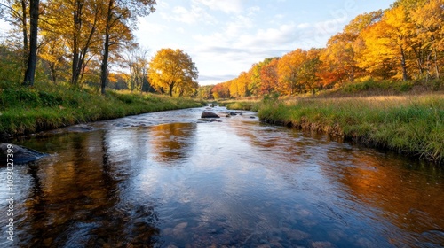 Wallpaper Mural Gentle Meandering Stream Flowing Through Colorful Autumn Landscape with Vibrant Foliage and Calm Waters, Capturing the Beauty of Nature's Change in Seasonal Tones Torontodigital.ca