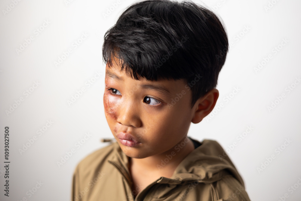 Portrait asian boy received Inflamed wound to his face from falling off his bicycle. extensive edema swelling, bruising Portrait asian boy received Inflamed wound to his face from falling off his bicycle. extensive edema swelling, bruising
