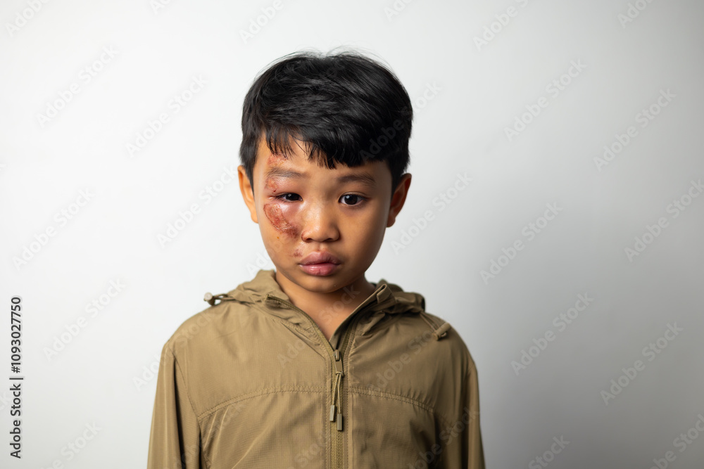 Portrait asian boy received Inflamed wound to his face from falling off his bicycle. extensive edema swelling, bruising Portrait asian boy received Inflamed wound to his face from falling off his bicycle. extensive edema swelling, bruising