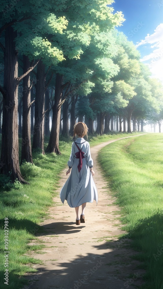 Fototapeta premium Anime forest path sunlight gentle breeze calming atmosphere