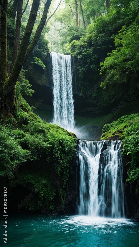 Anime forest waterfall cascading water serene vibes lush greenery Anime forest waterfall cascading water serene vibes lush greenery