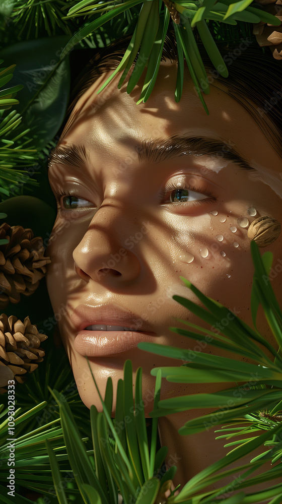 Beautiful Skin Glow with Pine Nut Extract Surrounded by Fresh Pine Nuts and Peaceful Forest Background Beautiful Skin Glow with Pine Nut Extract Surrounded by Fresh Pine Nuts and Peaceful Forest Background
