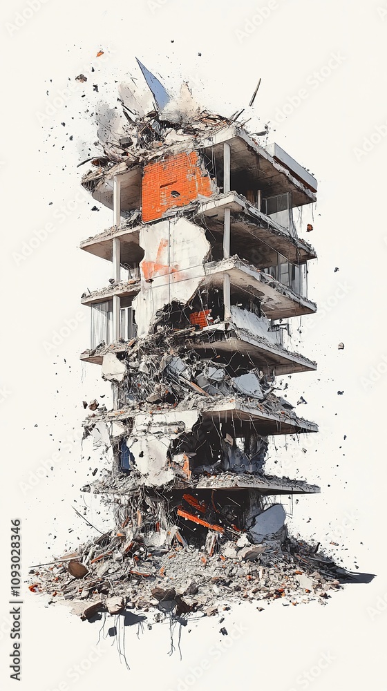 Obraz premium Apartment or office building destroyed and being demolished isolated on white background