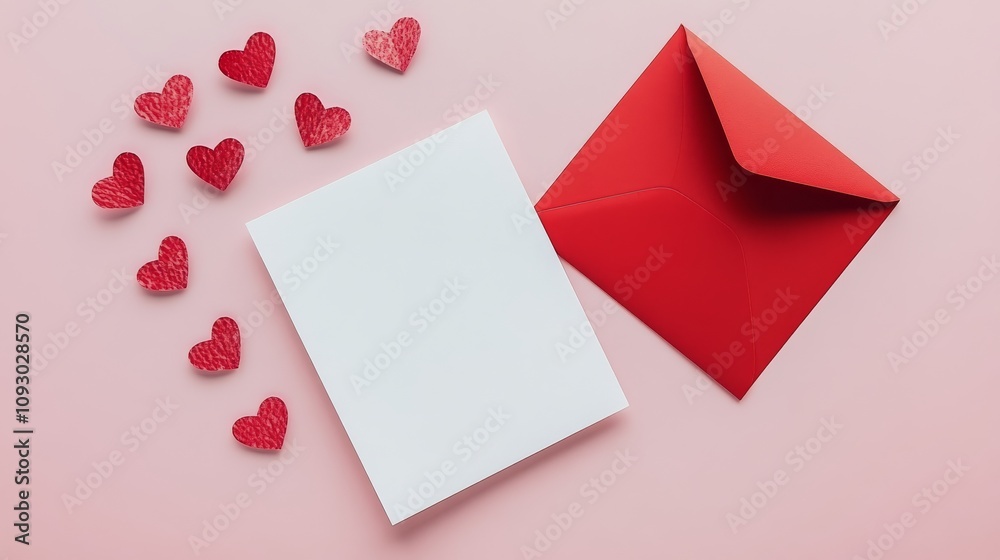 Red envelope and blank card with scattered hearts for love notes or invitations Red envelope and blank card with scattered hearts for love notes or invitations