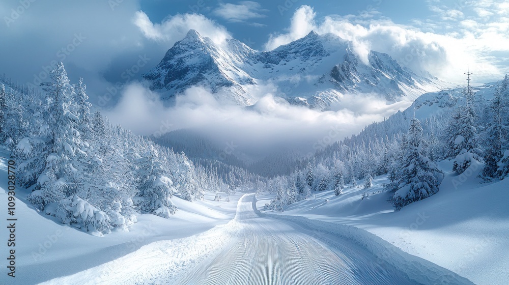 High Altitude View of a Stunning Mountain Range Blanketed in Snow with a Serene Road Cutting Through a Winter Wonderland Landscape High Altitude View of a Stunning Mountain Range Blanketed in Snow with a Serene Road Cutting Through a Winter Wonderland Landscape