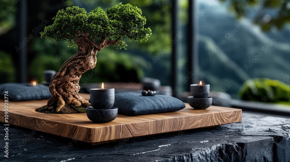 An artistic display featuring a bonsai tree and candles atop a wooden surface, nestled in a serene natural environment that highlights the beauty of minimalism. An artistic display featuring a bonsai tree and candles atop a wooden surface, nestled in a serene natural environment that highlights the beauty of minimalism.