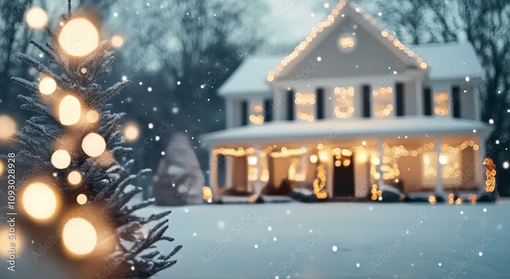 Cozy winter evening at a decorated house surrounded by snow and festive lights Cozy winter evening at a decorated house surrounded by snow and festive lights