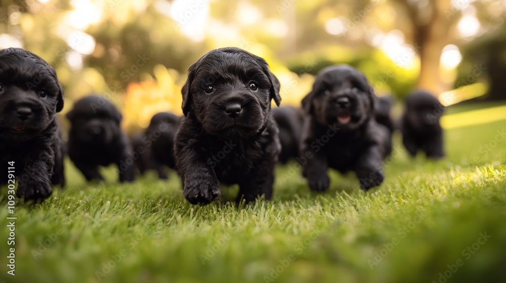 A lively pack of black puppies happily runs across lush green grass, enjoying the warm sun and playful atmosphere of National Puppy Day in a beautiful park A lively pack of black puppies happily runs across lush green grass, enjoying the warm sun and playful atmosphere of National Puppy Day in a beautiful park