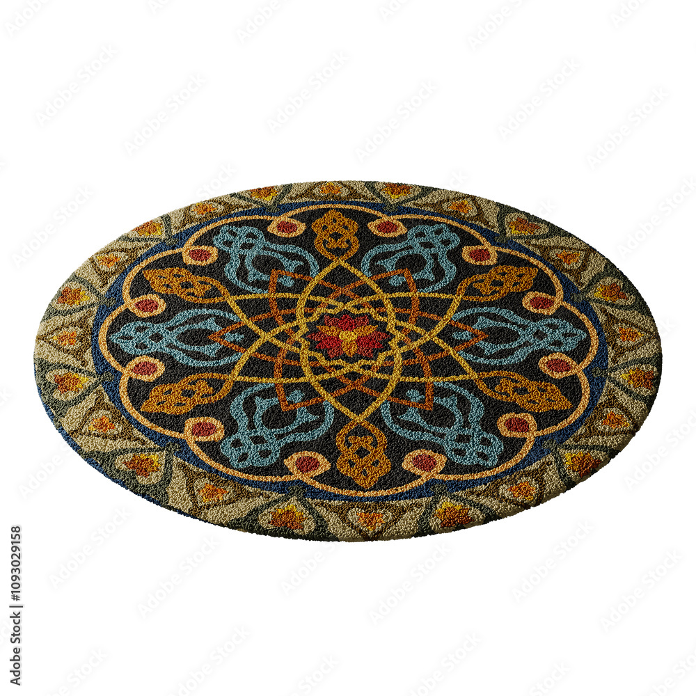 A round rug with a blue and brown design A round rug with a blue and brown design