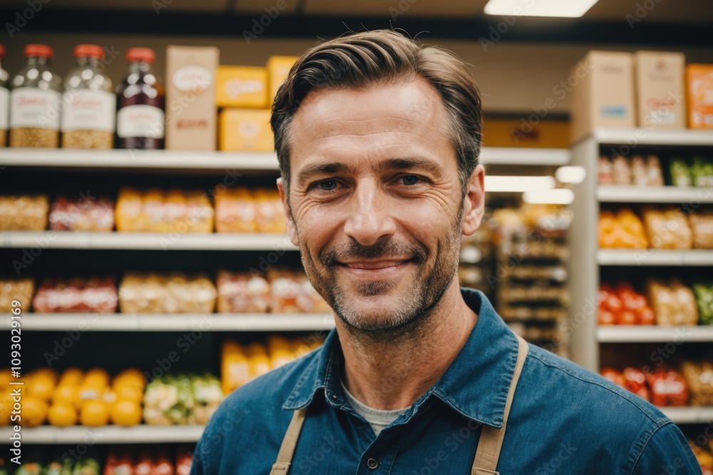 Close portrait of a smiling 40s Swiss male grocer standing and looking at the camera, Swiss grocery store blurred background Close portrait of a smiling 40s Swiss male grocer standing and looking at the camera, Swiss grocery store blurred background