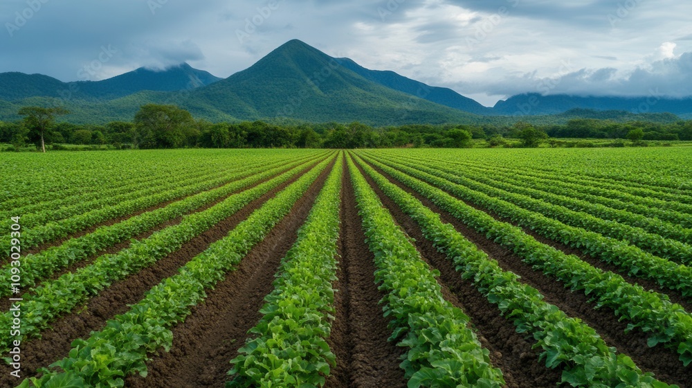 Lush green fields stretch toward distant mountains under a cloudy sky, showcasing a serene agricultural landscape. Lush green fields stretch toward distant mountains under a cloudy sky, showcasing a serene agricultural landscape.