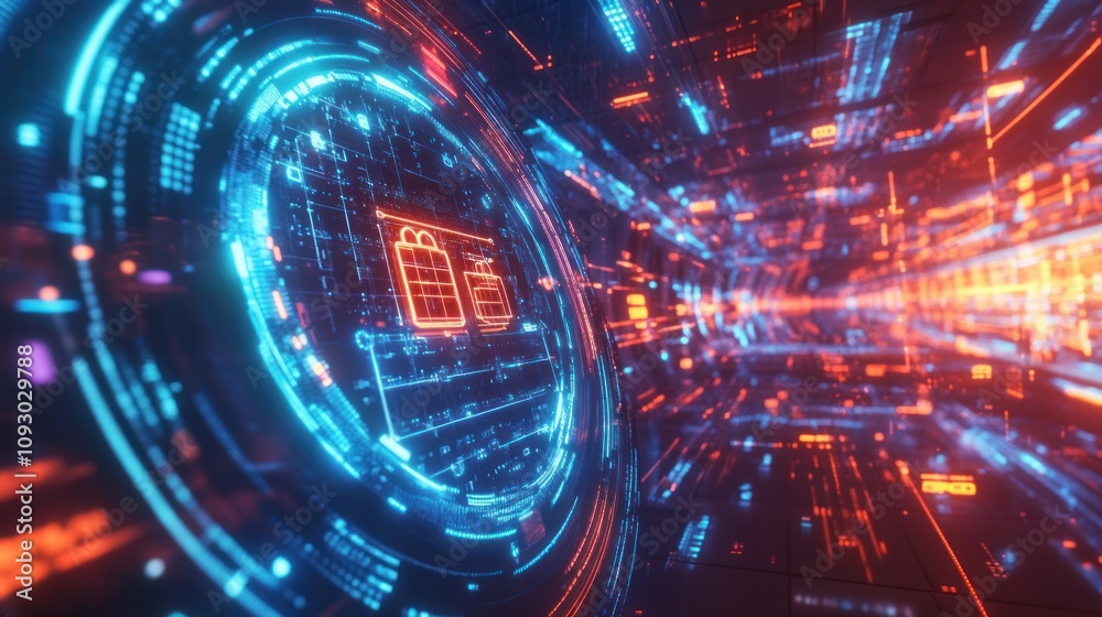 Obraz premium A bold 3D illustration of a shield integrated into a digital interface. The shield displays a holographic grid pattern, surrounded by floating padlocks and data packets.