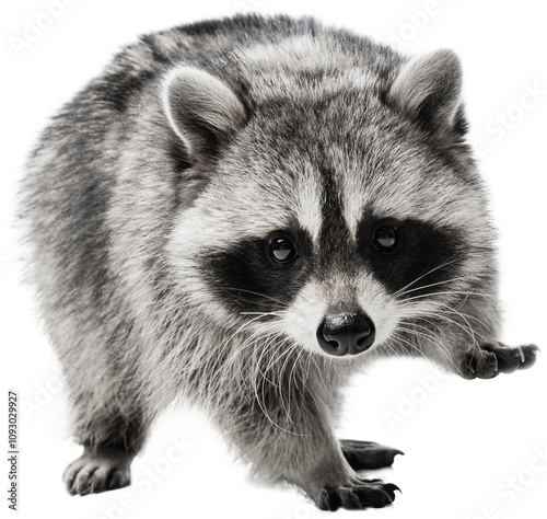 Photography Portrait of cute grey raccoon standing on legs and looking curiously at camera against against transparent background