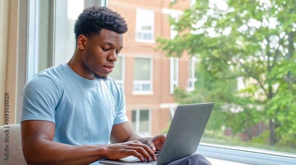 Young Man Typing on Laptop by Sunlit Window in Cozy Home Office Young Man Typing on Laptop by Sunlit Window in Cozy Home Office
