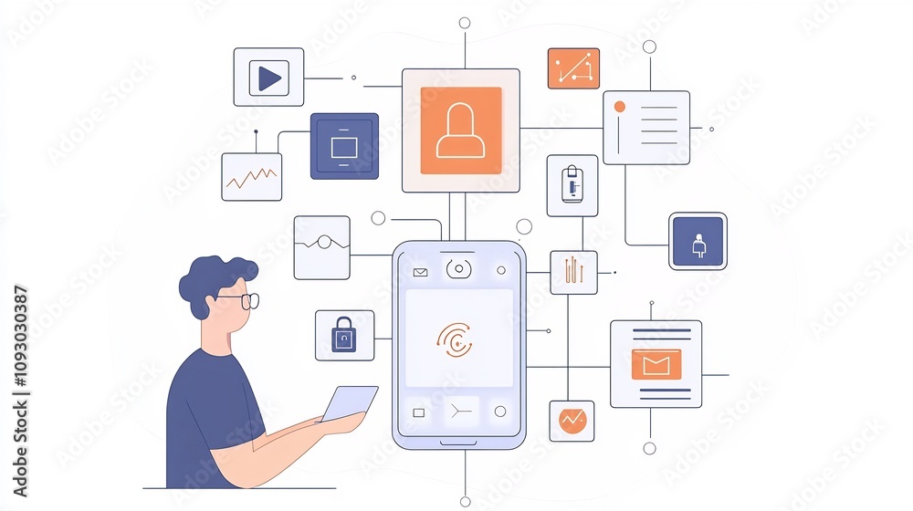 Flat design representation of AI powered digital advertising targeting tools and analytics visualized with various icons graphs and interface elements Flat design representation of AI powered digital advertising targeting tools and analytics visualized with various icons graphs and interface elements