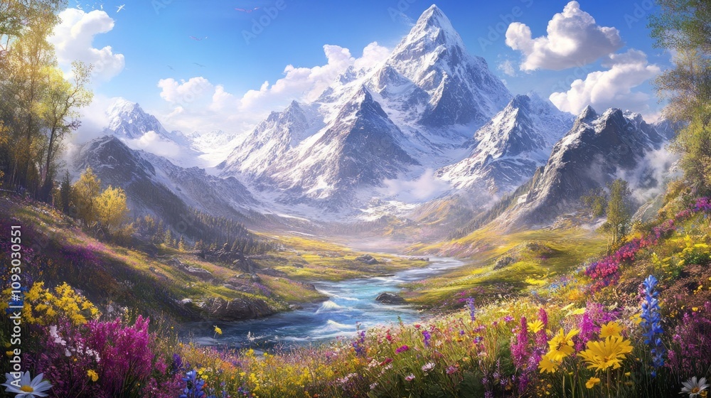 A picturesque landscape featuring majestic mountains, vibrant flowers, and a serene river. A picturesque landscape featuring majestic mountains, vibrant flowers, and a serene river.