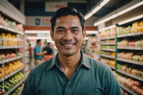 Close portrait of a smiling 40s Thai male grocer standing and looking at the camera, Thai grocery store blurred background