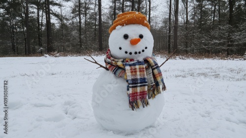 cheerful snowman with a carrot nose, coal eyes, and a scarf, standing in a snowy field