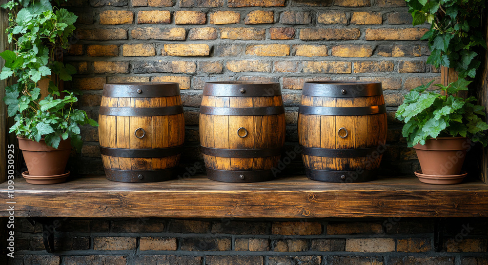 Three barrels are lined up on a shelf next to potted plants. The barrels are wooden and appear to be old. The potted plants are green and are placed on the shelf as well. The scene gives off a rustic Three barrels are lined up on a shelf next to potted plants. The barrels are wooden and appear to be old. The potted plants are green and are placed on the shelf as well. The scene gives off a rustic