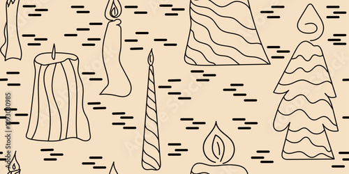 Doodle seamless abstract pattern with candles and lines. Hand drawn vector illustration in black and beige colours for cards, business, banners, wallpaper, textile and wrapping. Editable stroke	