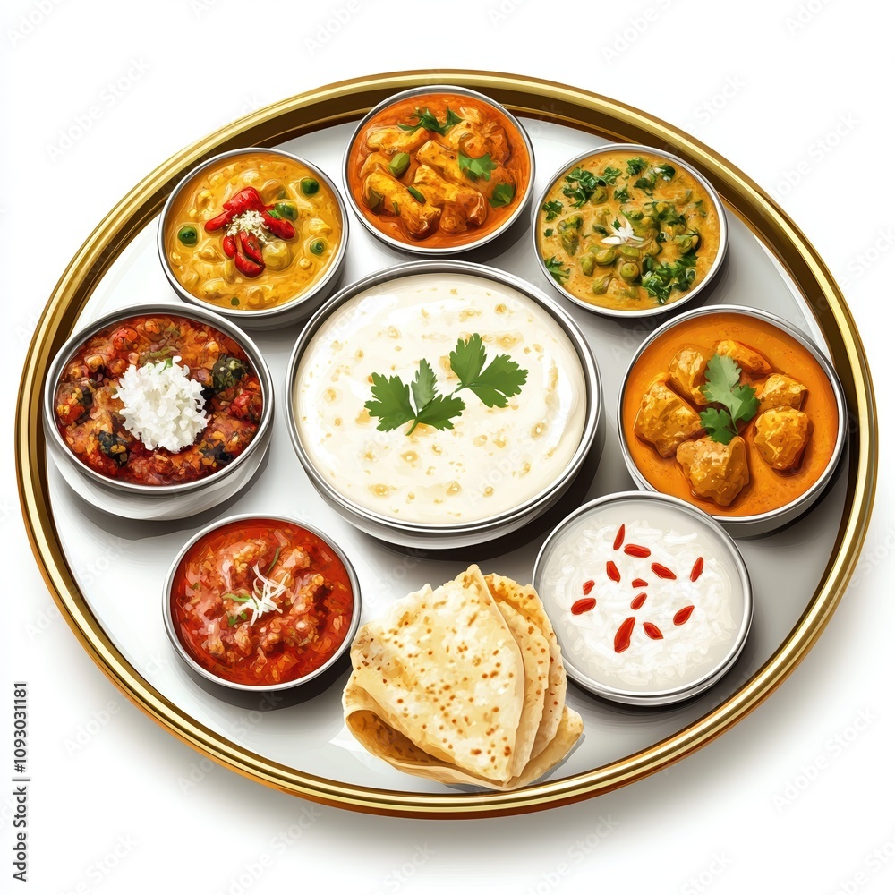 Assorted Indian dishes in bowls on a large round tray, garnished with herbs. The tray is filled with vibrant and colorful traditional Indian cuisine.