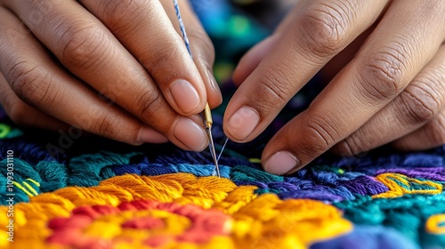 Skilled Craftswoman's Hands Sewing Vibrant Textile with Needle and Thread photo