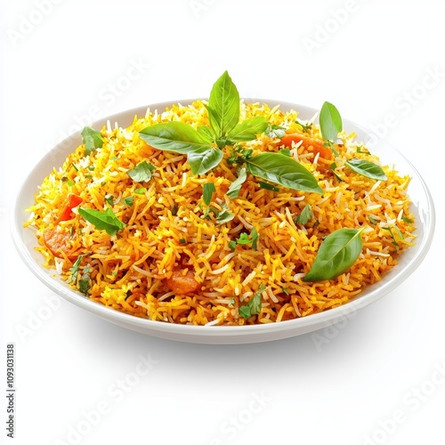 Aromatic biryani rice in a white bowl garnished with fresh herbs, isolated on a white background. photo