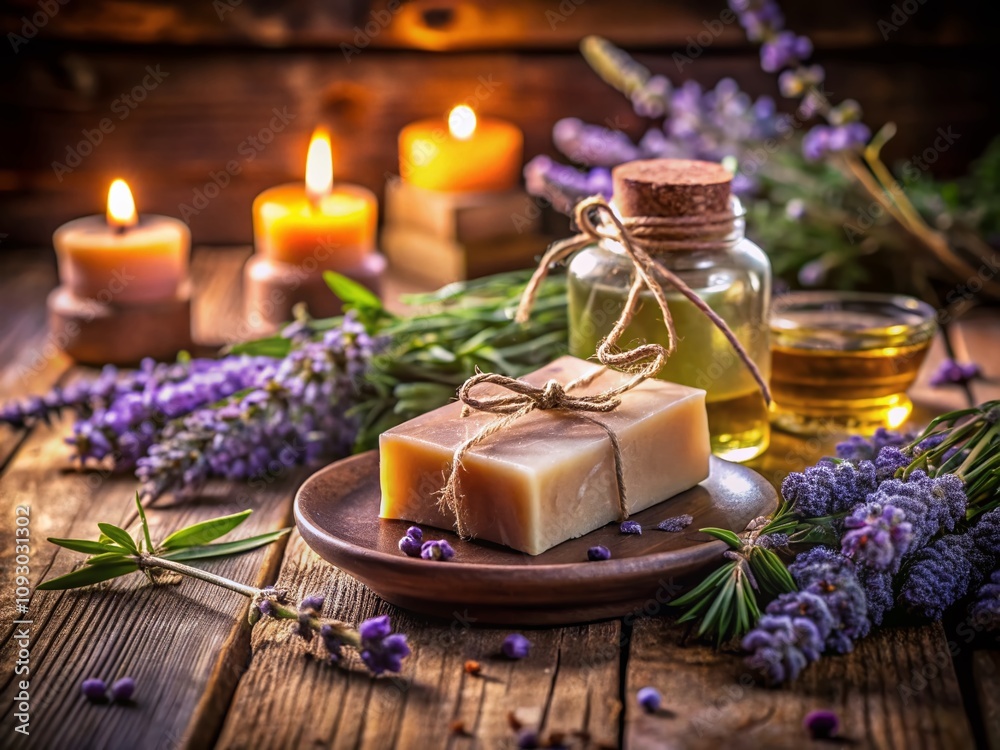 Night Photography of Organic Soap Displayed Elegantly with Natural Ingredients in a Dimly Lit Setting, Highlighting Textures and Colors for a Relaxing Atmosphere Night Photography of Organic Soap Displayed Elegantly with Natural Ingredients in a Dimly Lit Setting, Highlighting Textures and Colors for a Relaxing Atmosphere