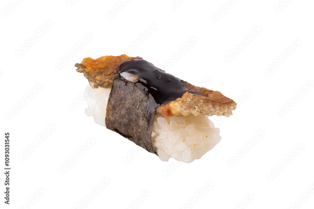 one piece nigiri sushi skin with seaweed rice and fried salmon skin one piece nigiri sushi skin with seaweed rice and fried salmon skin